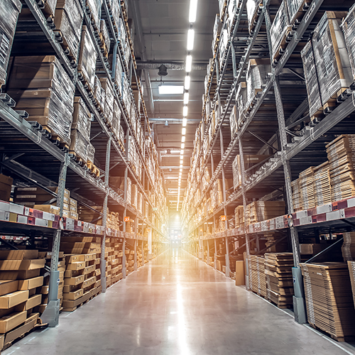 warehouse interior with shelves, pallets and boxes, Rows of shel